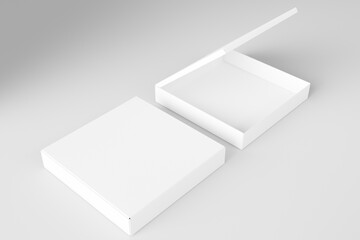 Pizza packaging box with an open and closed lid, an empty parcel box, and an isolated 3d illustration of a shipping parcel mockup.