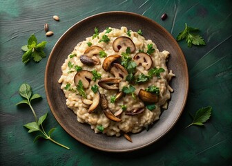 Plate of risotto with wild mushrooms, solid dark green background, top-down view, creamy and earthy.	