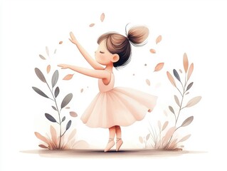 Cute little ballerina girl in a pink tutu with floral background