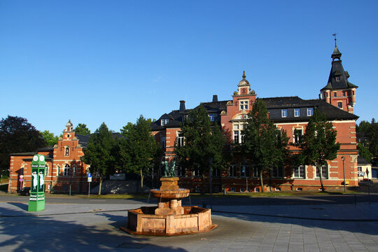 Oelsnitz, Germany - July 30, 2024: Town Hall Square of Oelsnitz, a town in the district Erzgebirgskreis, in Saxony, Germany
