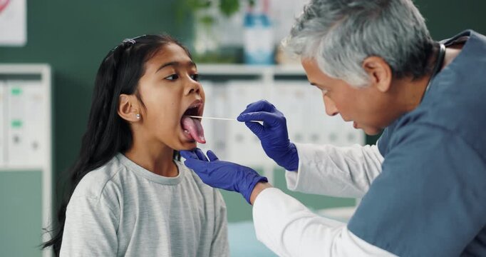 Depressor, kid and doctor check mouth for wellness, test or healthcare of people in medical hospital. Child, ent pediatrician or throat exam of girl for tongue, tonsils or otolaryngology with patient