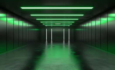 A 3D rendering of a server room corridor with beautiful neon lighting and glass covered racks for supercomputers.