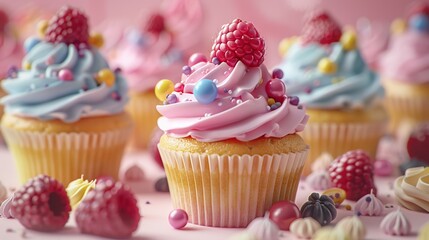 Delightful Cupcakes with Colorful Sprinkles and Raspberries