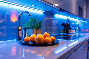 Modern contemporary kitchen with vibrant LED lighting, sleek design, and a spacious layout