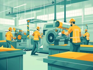 Fototapeta premium Illustration of Factory Workers Operating Machinery in a Modern Industrial Setting