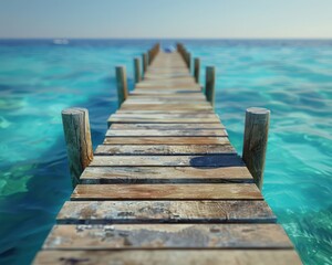 Fototapeta premium Tranquil Wooden Pier Extending Into Crystal Clear Turquoise Waters, Serene Waterfront Landscape, Peaceful Ocean Scene, Calm Sea, Summer Vacation, Tropical Paradise, Beach Getaway, Vacation