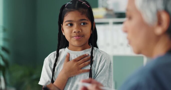 Sick girl, doctor and cough in hospital for lungs, heart and health with checkup, breathe and pneumonia. Child, pediatrician and chest exam in clinic for wellness, asthma and healthcare assessment