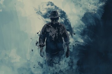 Illustration of a coal miner emerging from a mine, shrouded in darkness and dust