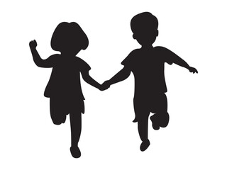 Little boy and girl silhouette running together holding hand vector, on white background.