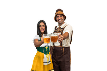 Young bavarian couple toasting towards camera with beer glasses during oktoberfest