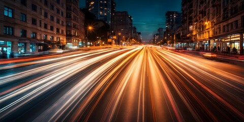 Obraz premium High speed urban traffic on a city street during evening rush hour, car headlights motion blur lighting and long exposure effect, vertical orientation.