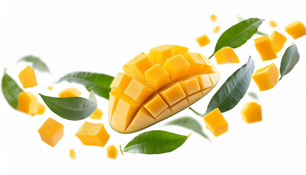 mangos with half slices mango falling or flying in the air with green leaves isolated on white background.