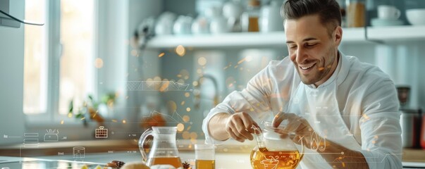 Man using futuristic technology hologram interface while making a drink at home