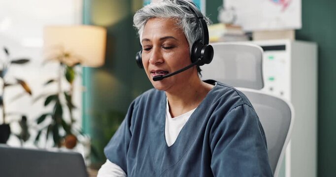 Senior woman, doctor and headset for video call, healthcare, support and virtual consultation in clinic. Mature medic, headphones and telehealth for online appointment, advice and insurance faq