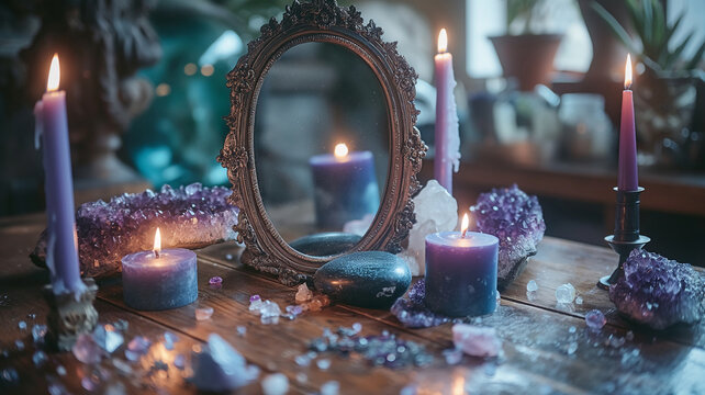 Mystical Scrying Mirror. A captivating scrying mirror setup with amethyst crystals, candles, and a vintage mirror, creating an enchanting atmosphere for divination and magical practices.