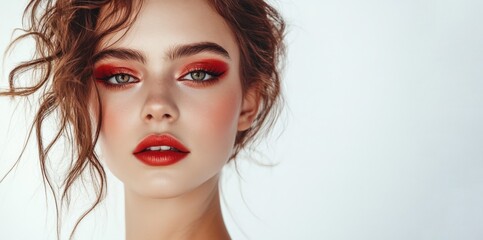 Fototapeta premium Elegant portrait of a woman with bold red makeup on a light background