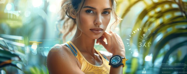 Female athlete using futuristic augmented reality technology during outdoor fitness training