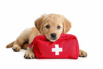Cute Labrador Retriever puppy portrait with red first aid kit in teeth and paws isolated on white background. Dog holding emergency aid set in mouth.