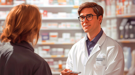 pharmacist is offering medicine to a customer and explains the medicine