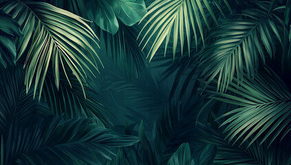 A background of palm leaves in a realistic style, with a dark green...