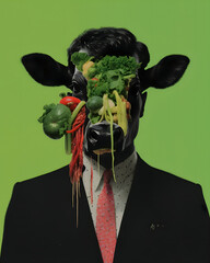 Surreal Portrait of Cow Headed Figure with Vegetables