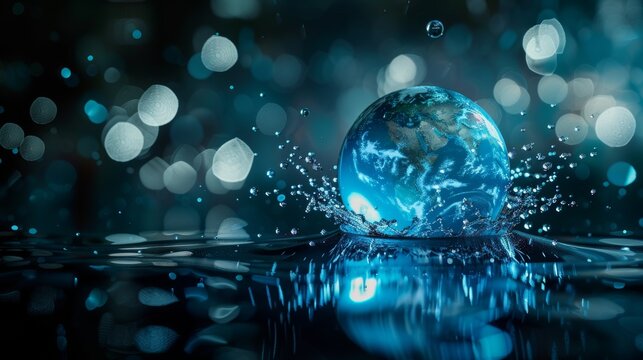 A globe with water droplets in the shape of continents, emphasizing the interconnectedness of water resources around the world. Conceptualisation of global water awareness.