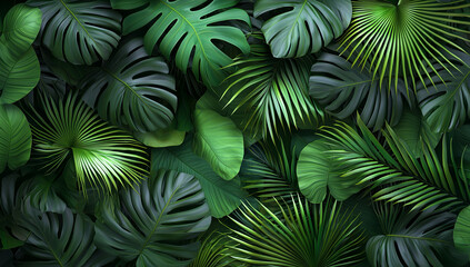 3d render, palm leaves background, green tropical jungle wallpaper,...