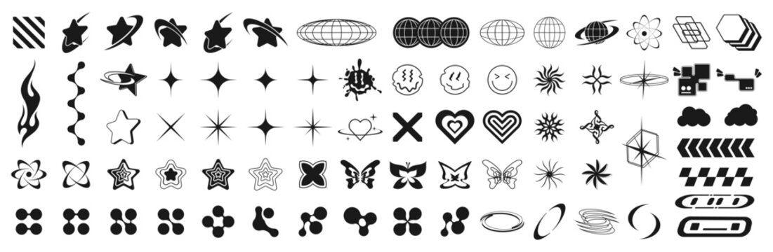 Retrofuturistic icons, y2k elements set. Brutalism elements and retro neo modern 00s. Postmodern geometric shapes and futuristic icons, brutalism elements. Trendy artistic shapes. Y2K graphic box.