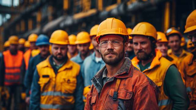 Labor Day Salute. A group of hardworking construction workers, with one standing out, paying tribute to the dedication and spirit of labor on Labor Day.