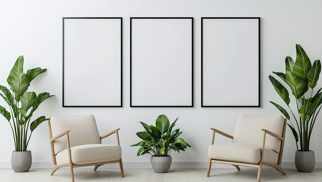 vertical frame mockups on the wall, three frames side by side in an...