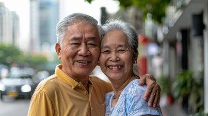 Obraz premium A portrait of an Asian old couple who smile and show love to each other