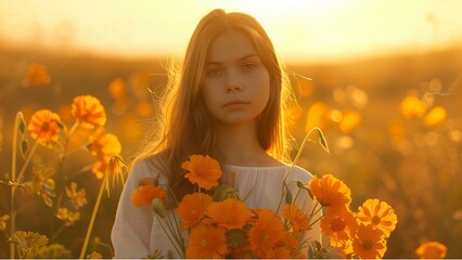 woman holding bouquet of flowers  in the flower field under sunset