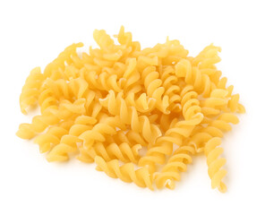 Heap of tasty raw fusilli pasta on white background