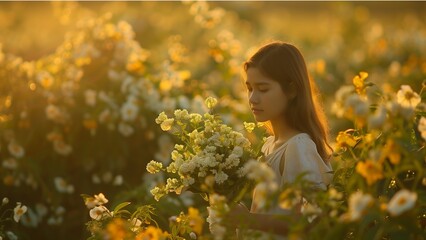 Naklejka premium girl in flowers field holding bouquet of flowers, spring season in the morning