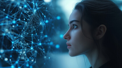 The image depicts a woman observing a futuristic digital network, symbolizing the connection and advancement in technology and artificial intelligence, potentially in a modern era setting.