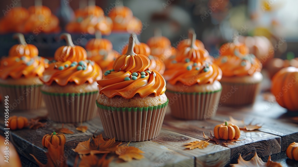 Wall mural Pumpkin Spice Cupcakes on a Wooden Table