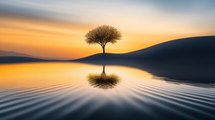 Desert landscape, one tree oasis, rippling water, soft desert winds, golden sunset, minimalistic beauty, peaceful desert