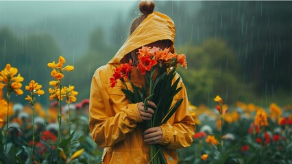 person in a field of flowers, woman holding bouquet of flowers  in the flower field