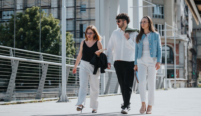 Three business professionals walking on a city street, discussing work and maintaining an active lifestyle while heading to their next meeting.