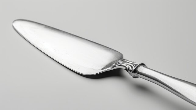 Close-up of a shiny silver cake server with a detailed handle, isolated on a clean background, providing space for text or branding