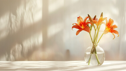 flowers in a vase in an empty minimalist room with sunlight exposure from the window