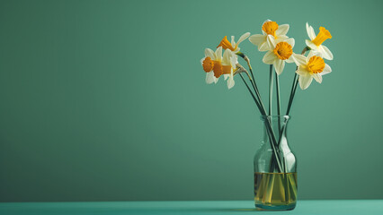 bouquet of flowers in vase isolated on green wall, copy space for text