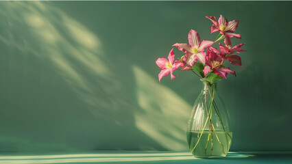 bouquet of flowers in vase isolated on green wall, copy space for text
