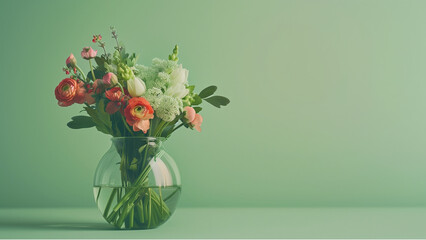 bouquet of flowers in vase on green wall background, copy space for text