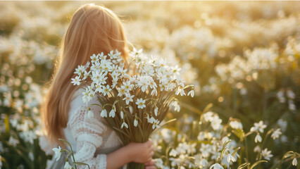 woman holding bouquet of flowers  in the flower field
