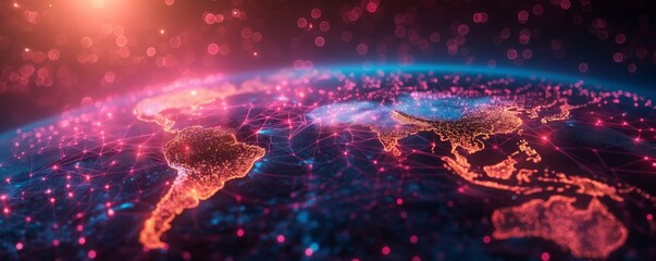 Global Network Visualization with Glowing Connections, Digital World Map, Red and Blue Tones, Ideal for Technology and Connectivity Themes