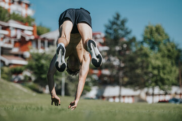 Acrobatic athlete executing a dynamic handstand flip in an open park on a sunny day. Capturing the...