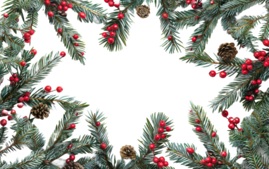 Christmas frame with fir branches and berries on transparent background, png