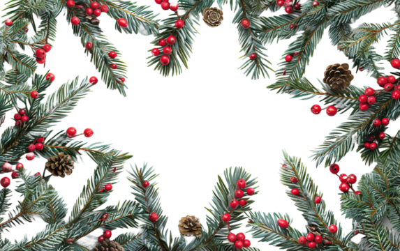 Christmas frame with fir branches and berries on transparent background, png - Powered by Adobe