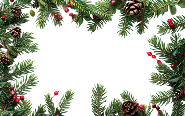 Christmas frame with fir branches and berries on transparent background, png